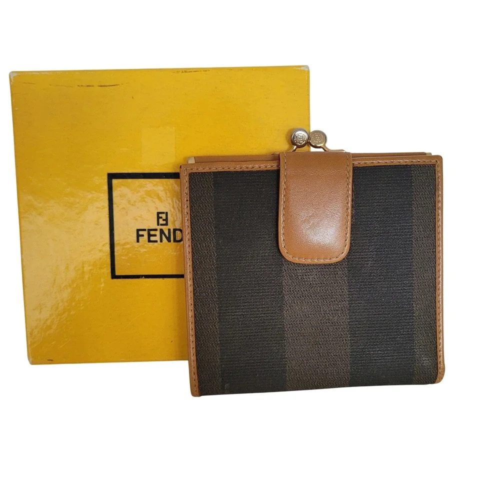 Fendi Vintage Pequin Stripe Bifold Wallet Kiss Lock Leather Trim 2292-30782-038